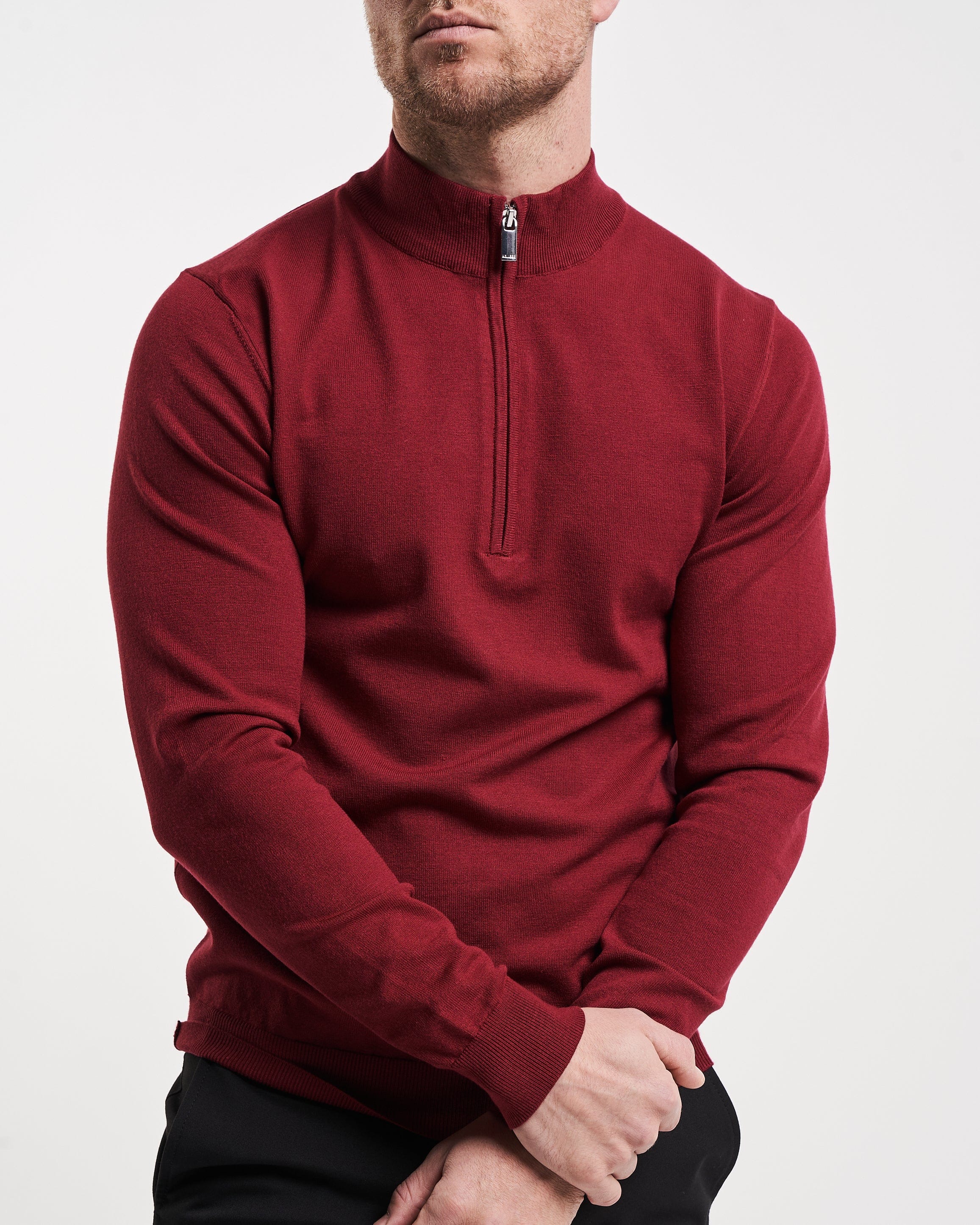 Sorrento LUXURY COTTON 1 4 ZIP NECK JUMPER BURGUNDY