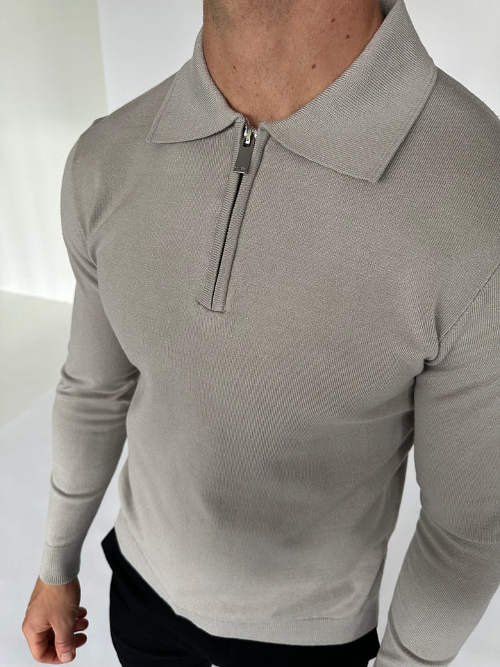 THE AINTREE LONG SLEEVE ZIPPED POLO SHIRT - GREY