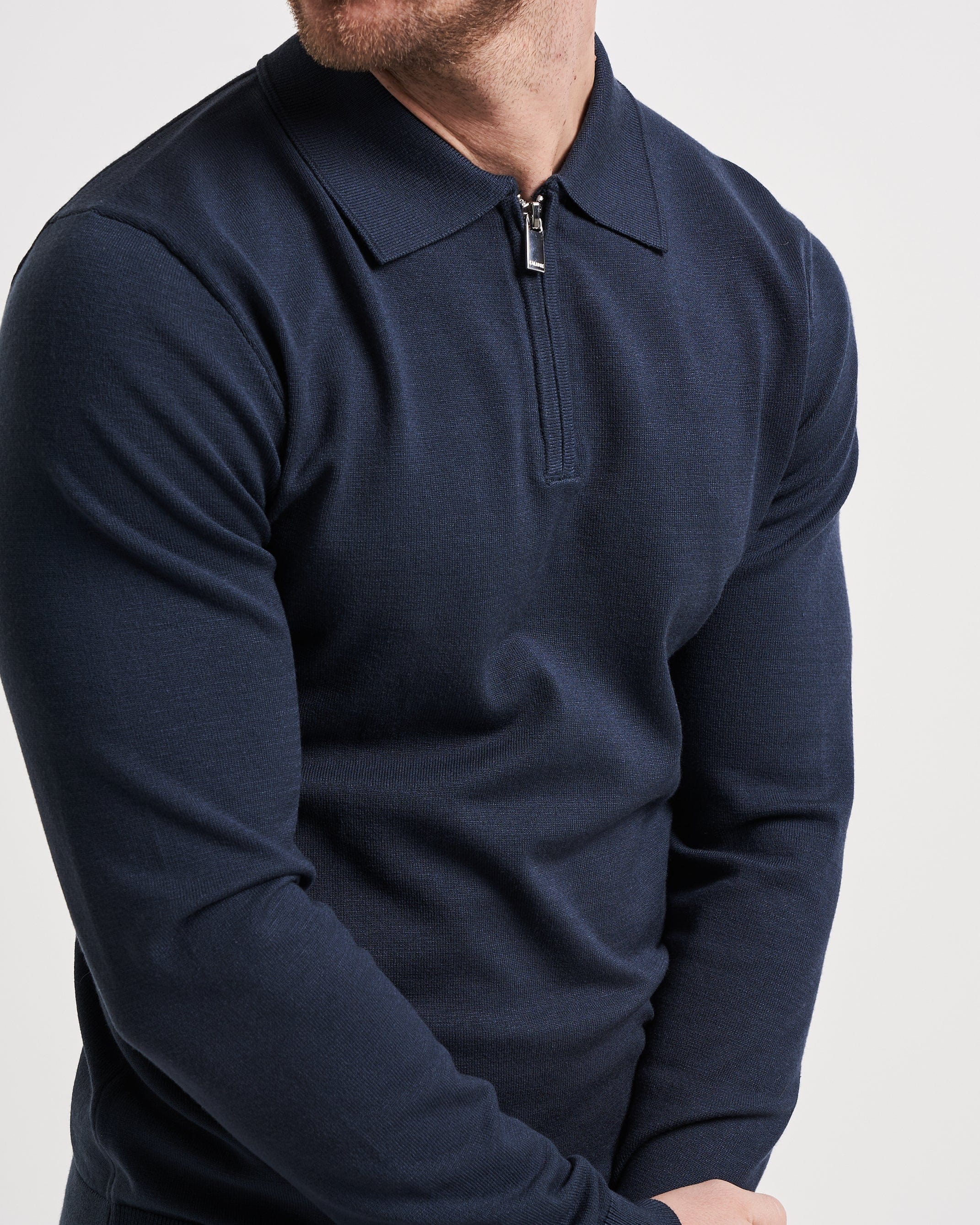 Longsleeve Zipped Polo Shirt - Midnight Blue