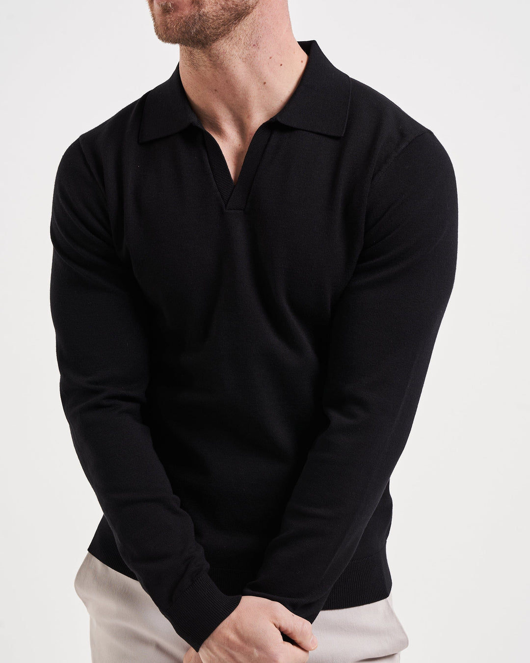 Black Long-sleeve Open Collar Polo Shirt Minimalist Menswear